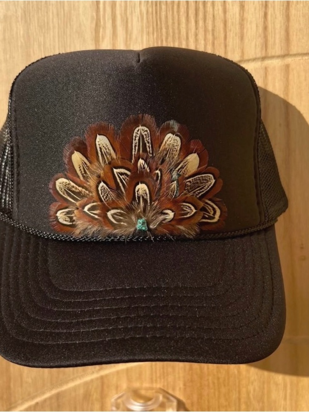 Black Trucker Hat with Brown Feather Accent